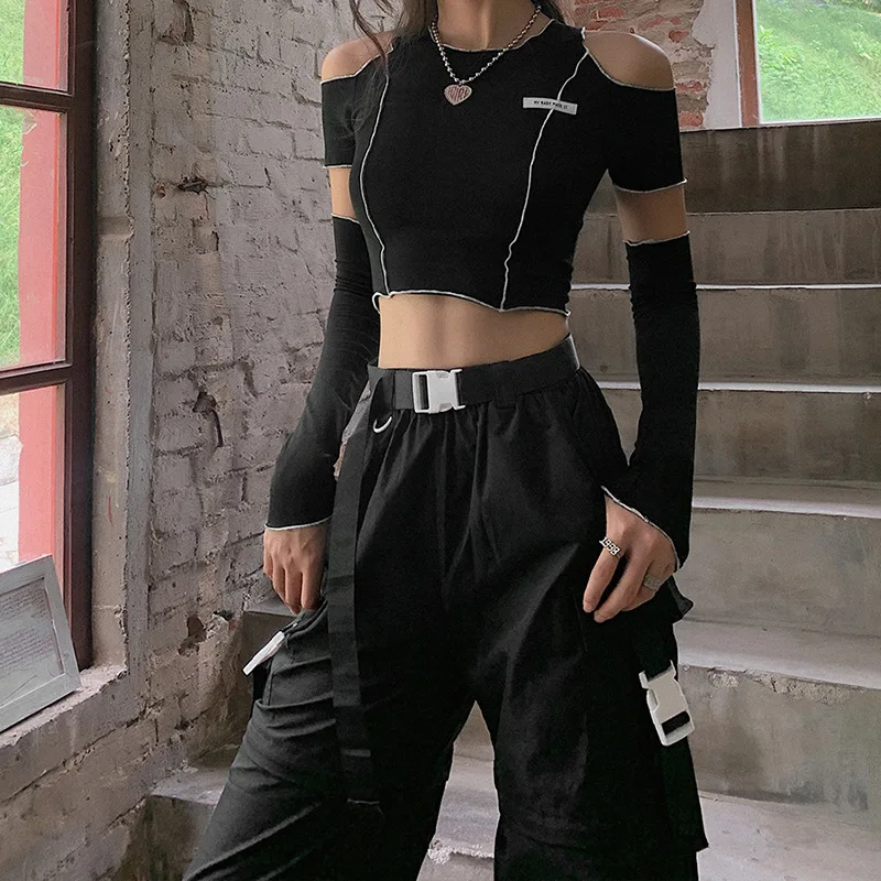 H3bb7a78031504a069919cb90e651838dG.webp Patchwork Black T-shirts Gothic One Shoulder Sleeve Y2k Crop Tops Ruffles Hem Hip Hop Techwear Women Tees