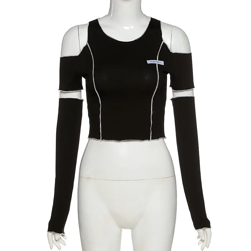 H9569710d538a45b09766220f297848cfP.webp Patchwork Black T-shirts Gothic One Shoulder Sleeve Y2k Crop Tops Ruffles Hem Hip Hop Techwear Women Tees