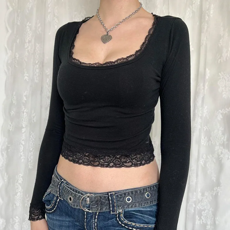 S0f3d8fce8fcb42248ae7178fa5320de7U.webp 2000s Graphic T Shirt Vintage Fairy Grunge Women Autumn Lace Trim Long Sleeve Slim Fits Tops y2k Clothes Basic Harajuku Tees