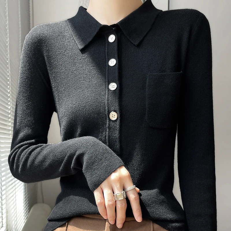 S17790ed8aec545d3bbd4a716d091d821c.webp Women 100% Pure Merino Wool Soft Sweater Polo Collar Pullover Autumn Winter Casual Knit Tops Solid Color Regular Female Knitwear