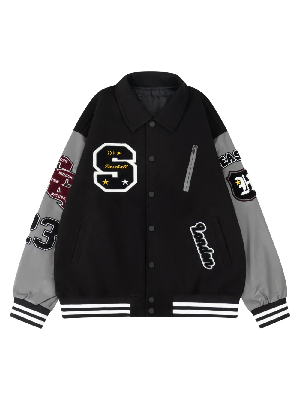 S3523b72acc4a4259979ad19a367c9c207.webp Men's Bomber Jacket Faux Leather Sleeves Varsity Coat Vintage Letterman Lapel Collar Clothing Baseball Spring/Autumn Outerwear