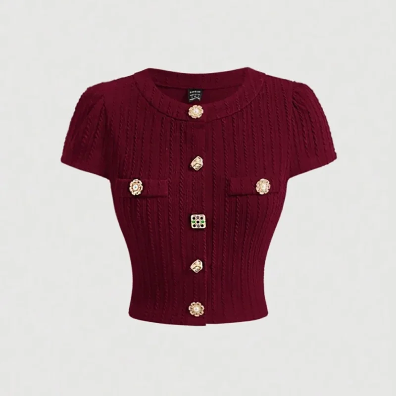 S426f3b63350a4087977fbb65c145c50f5.webp 2026 New European & American Retro Elegant Burgundy Knit Cardigan - Short-Sleeve Slim Top, Versatile for Daily Outings