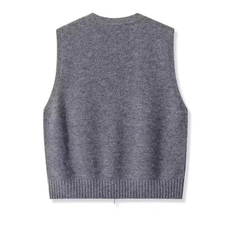 S4d1a1b5eac31479e87dbefcdab64926ex.webp Women Knitwear Autumn Women Double Zipper V-neck Chic Simple Sleeveless Sweater Vest Out Wear Warm Gray Knitted Coat Cardigan