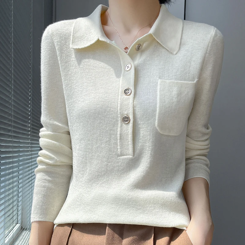 S51539c9121fc436e8c00cb0a366271ebo.webp Women 100% Pure Merino Wool Soft Sweater Polo Collar Pullover Autumn Winter Casual Knit Tops Solid Color Regular Female Knitwear