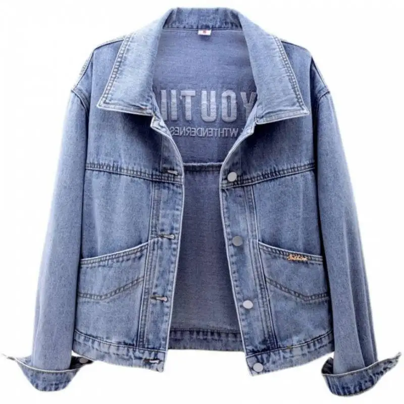 S5c83dc53e5de4604b536f5e2de7a095ah.webp Denim Coats Women Short Coat Single Breasted Casual Embroidery Turn Down Collar Y2k Streetwear Jackets Work Slim Fit Spring
