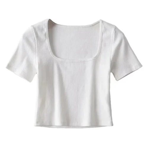 S6b9e59ce72f34a67a67b59e5f9332937d.webp Women Square Neck Rib Crop T-shirt Short Sleeve Crop Top