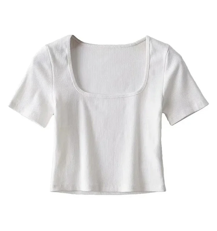 S6b9e59ce72f34a67a67b59e5f9332937d.webp Women Square Neck Rib Crop T-shirt Short Sleeve Crop Top