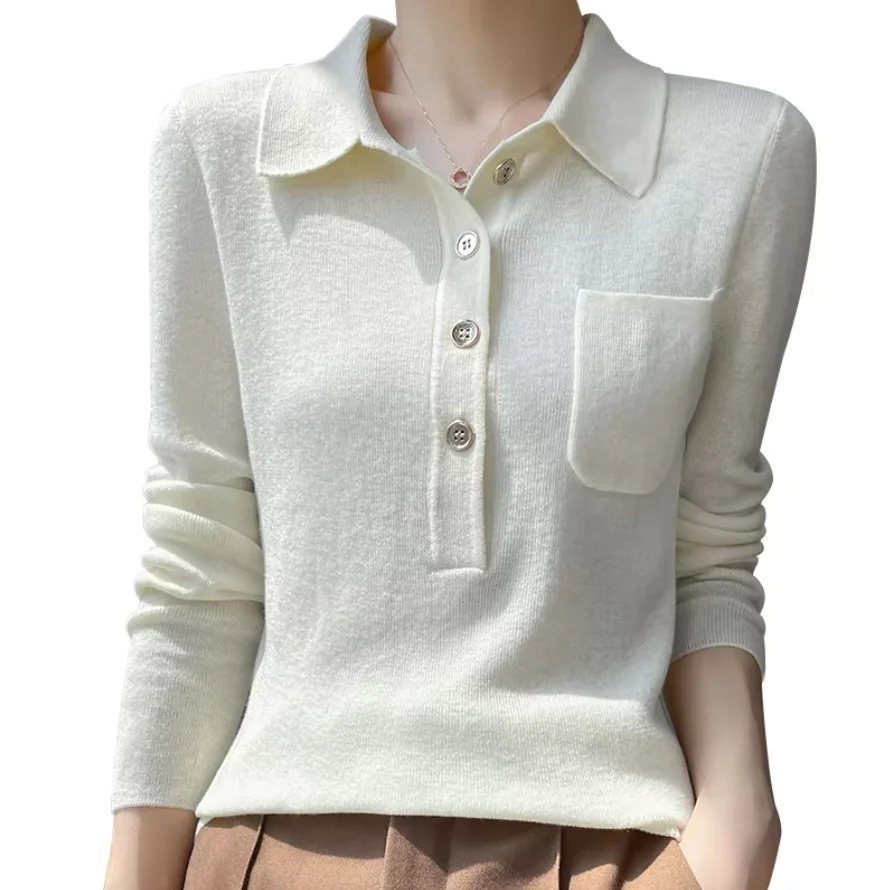 S6d8ab74e8932446c96efd953eb790c2eN.webp Women 100% Pure Merino Wool Soft Sweater Polo Collar Pullover Autumn Winter Casual Knit Tops Solid Color Regular Female Knitwear