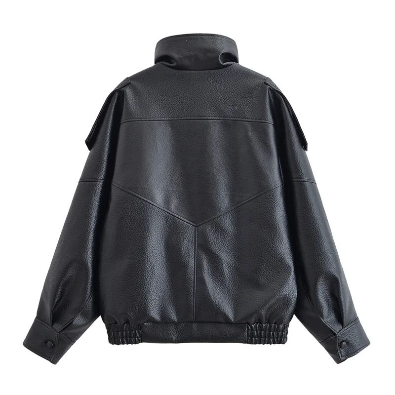 S708cd085597a44a7b319c3733ae31511g.webp Women's Jacket Fall 2025 New Black Long Sleeve Pebble Faux Leather Jacket Motorcycle Style Personality Fashion