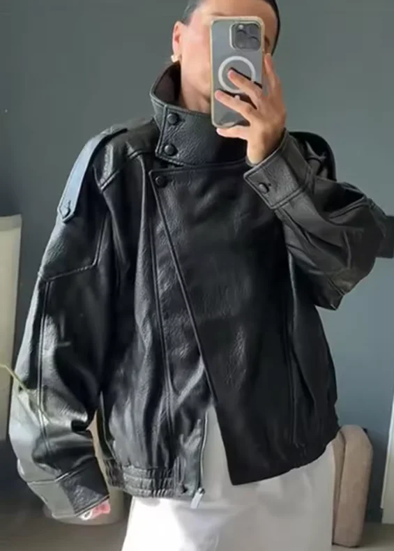 S7ce01de4235244fab8bd7e9476c82b9eJ.webp Women's Jacket Fall 2025 New Black Long Sleeve Pebble Faux Leather Jacket Motorcycle Style Personality Fashion