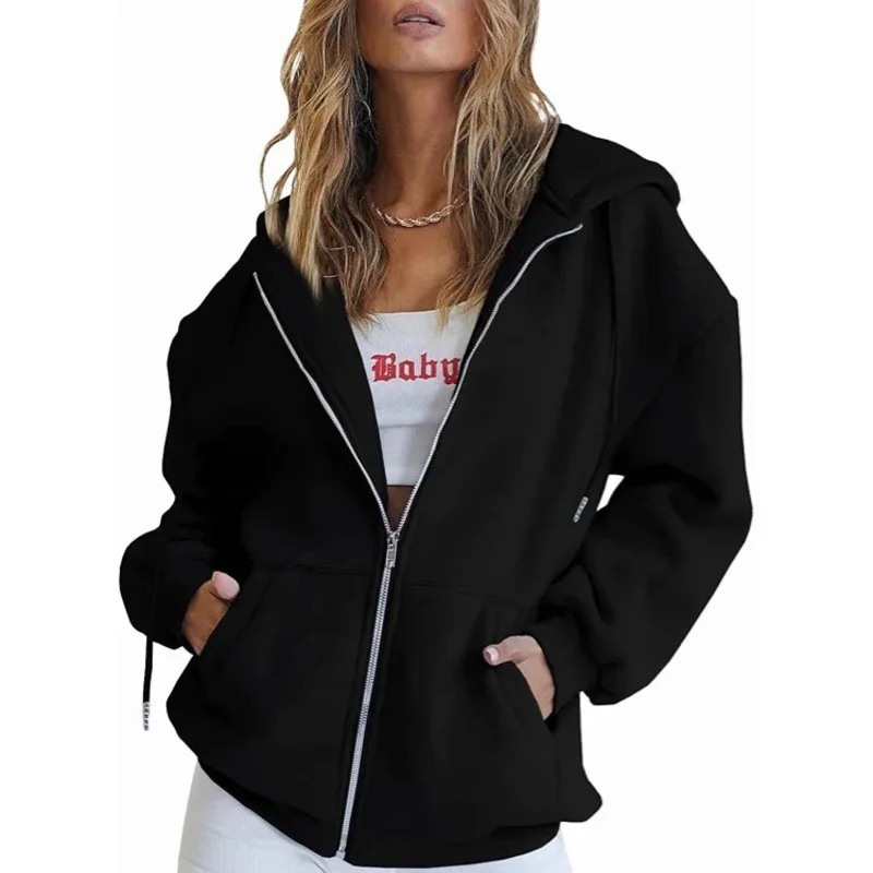 S82a6141813d24c1587ef0b173d649661y.webp Fashion Gray Zip Up Sweatshirt Women Autumn Winter Jacket Clothes Hoodies Daily Pockets Long Sleeve Solid Versatile Lady Hoodies