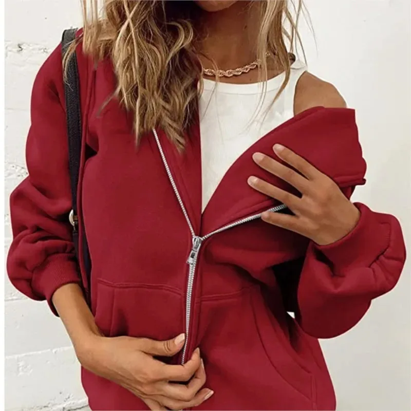 S928737b40d79454bb23edb70e2a92b2ep.webp Fashion Gray Zip Up Sweatshirt Women Autumn Winter Jacket Clothes Hoodies Daily Pockets Long Sleeve Solid Versatile Lady Hoodies