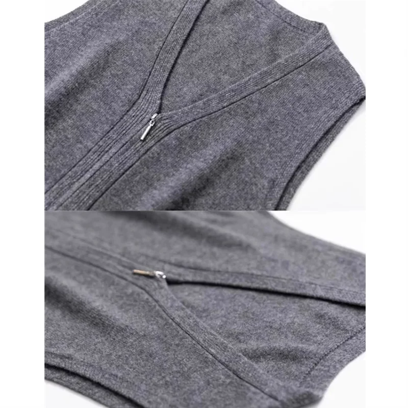 S9edd090d66054853ae484337e2a68652x.webp Women Knitwear Autumn Women Double Zipper V-neck Chic Simple Sleeveless Sweater Vest Out Wear Warm Gray Knitted Coat Cardigan