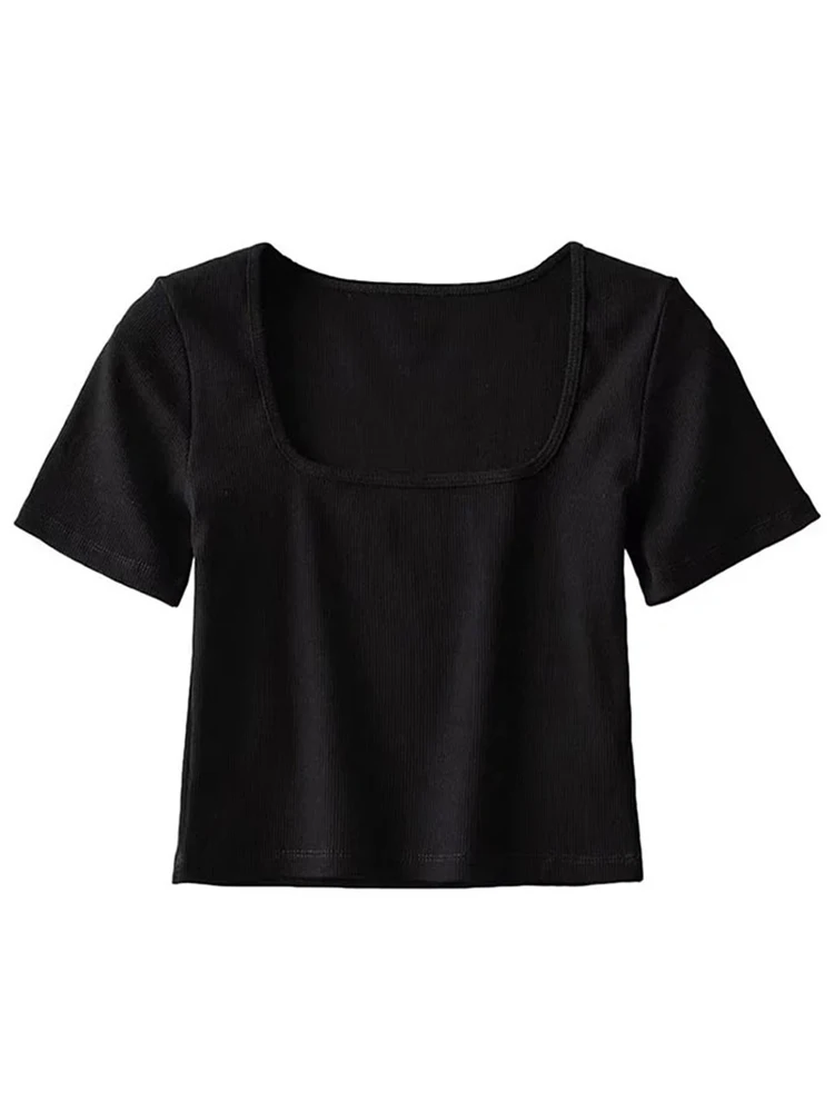 S9f2f18acc08e4280a2d3f14dd71ad34bW.webp Women Square Neck Rib Crop T-shirt Short Sleeve Crop Top