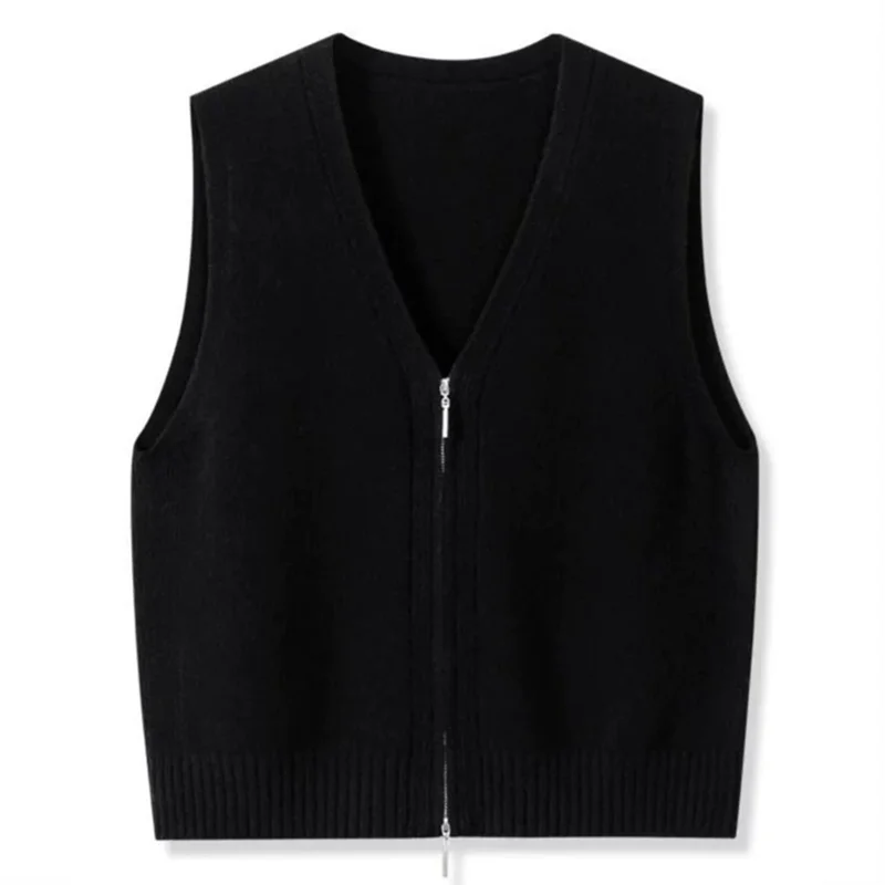 Sac0318ad5da54ed2af57c5d050a681fca.webp Women Knitwear Autumn Women Double Zipper V-neck Chic Simple Sleeveless Sweater Vest Out Wear Warm Gray Knitted Coat Cardigan