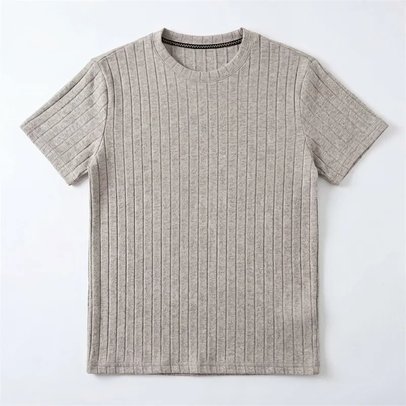 Sbe6ef2208fd4479ea68d02c7bcfa479c0.webp Men's Fashion Ribbed Knit T Shirt With Vertical Stripes Soft Elastic Fabric For Casual And Daily Use