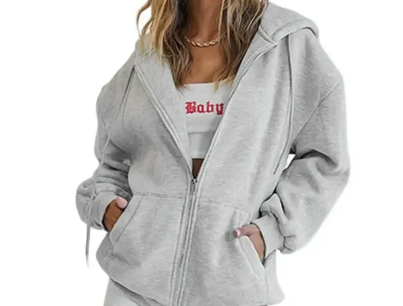 Sc199ad1482e84ad880028f00de0e17bcH.webp Fashion Gray Zip Up Sweatshirt Women Autumn Winter Jacket Clothes Hoodies Daily Pockets Long Sleeve Solid Versatile Lady Hoodies