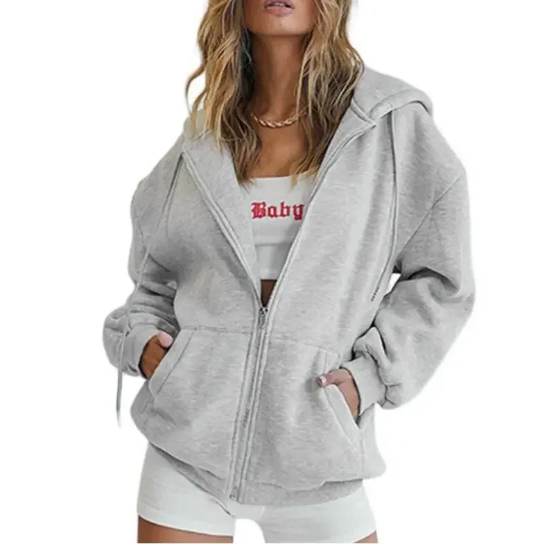 Sc199ad1482e84ad880028f00de0e17bcH.webp Fashion Gray Zip Up Sweatshirt Women Autumn Winter Jacket Clothes Hoodies Daily Pockets Long Sleeve Solid Versatile Lady Hoodies