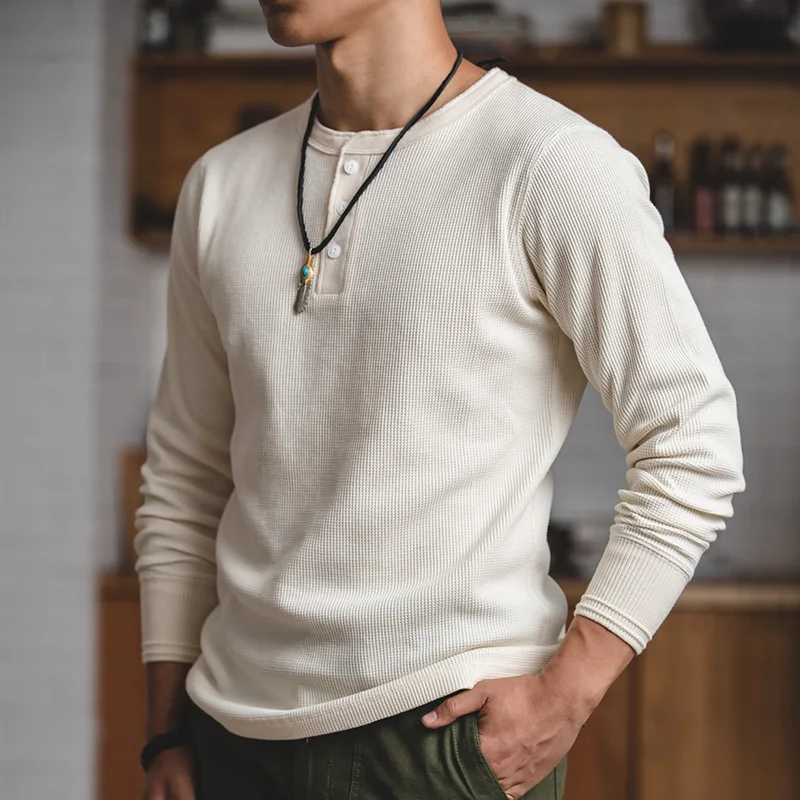 Scb105e732bdf42d78b80c5ddba0545dey.webp Maden Workwear Vintage Waffle Henry Shirt Vintage Long Sleeve Amekaji Solid Sweater For Men