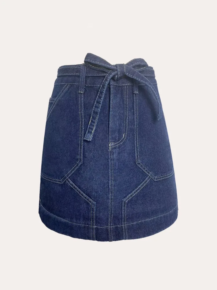 Scd6f97f074ce4f009cc73bb80fb75d63D.webp Women's Spring Summer Vintage Denim Mini Skirt Non-Stretch High Waist Belted Casual Streetwear Korean Y2K Fashion A-Line Skirt