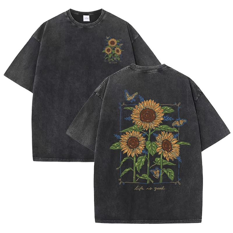Scf68ede174a244a19b37c2f0d0bd0d73t-1.webp Lift Is Good Beautiful Sunflower Print Washed T Shirts Women Soft Cotton T-Shirt Street Creative Short Sleeve Summer Casual Tops