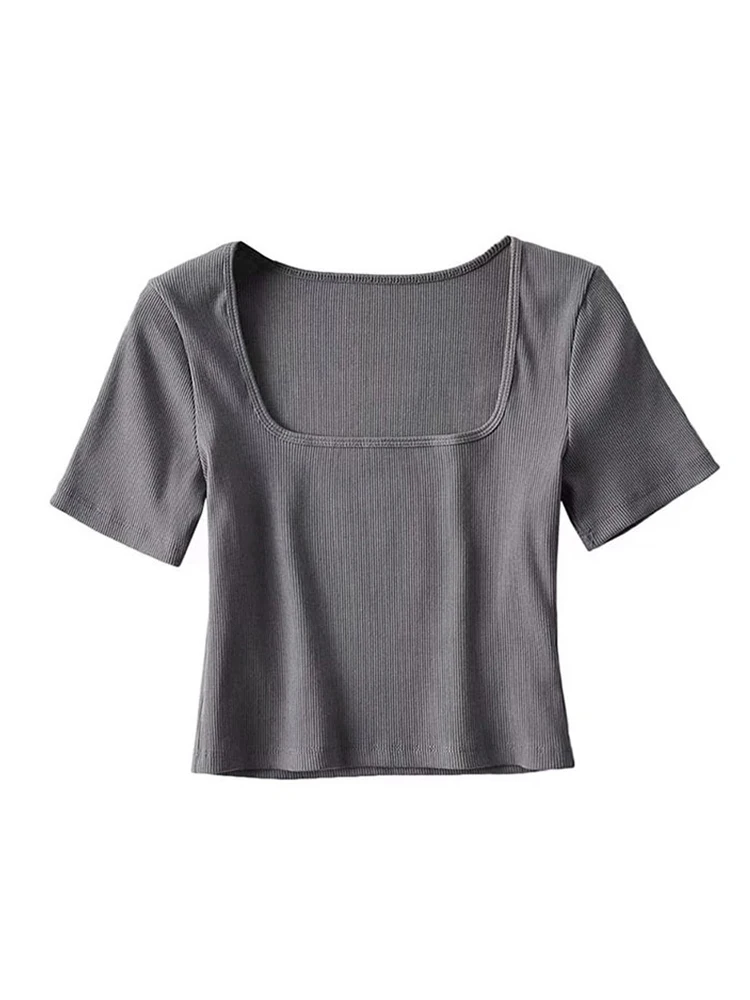 Sd0e3aea12146462989c52f622cc1769c6.webp Women Square Neck Rib Crop T-shirt Short Sleeve Crop Top