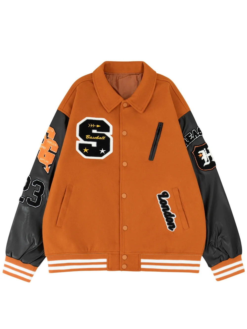 Sd59752187a21455796d65c6fe0165109R.webp Men's Bomber Jacket Faux Leather Sleeves Varsity Coat Vintage Letterman Lapel Collar Clothing Baseball Spring/Autumn Outerwear