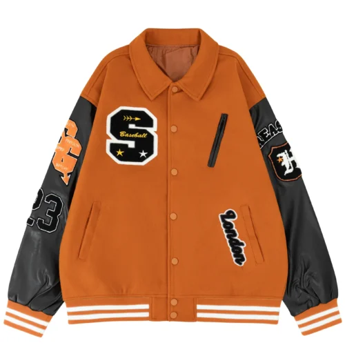 Sd59752187a21455796d65c6fe0165109R.webp Men's Bomber Jacket Faux Leather Sleeves Varsity Coat Vintage Letterman Lapel Collar Clothing Baseball Spring/Autumn Outerwear