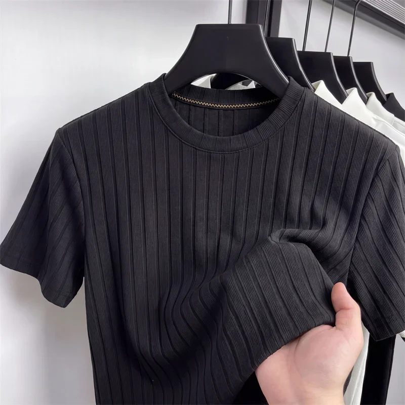 Sd62c1b9f031b4a4e854590b8469462aaM.webp Men's Fashion Ribbed Knit T Shirt With Vertical Stripes Soft Elastic Fabric For Casual And Daily Use