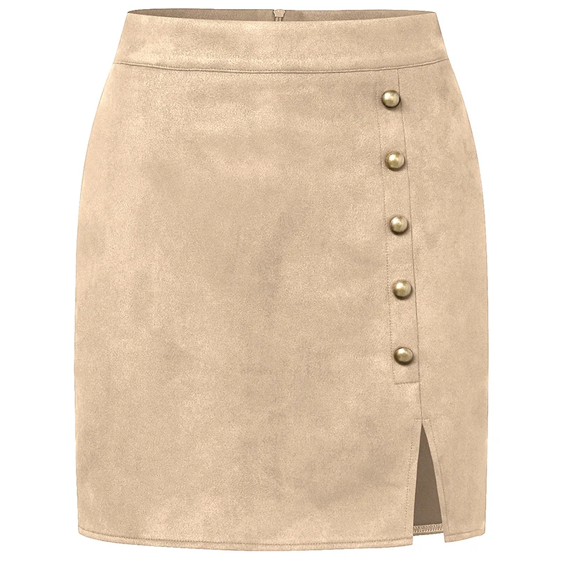 Se35ce5066cfc47b6a9a37c4f03e2930dG.webp American Metal Button Detor Skirts Women Autumn Winter Sexy Slim Split Mini Skirt Woman Zipper Up Faux Suede Skirts Ladies
