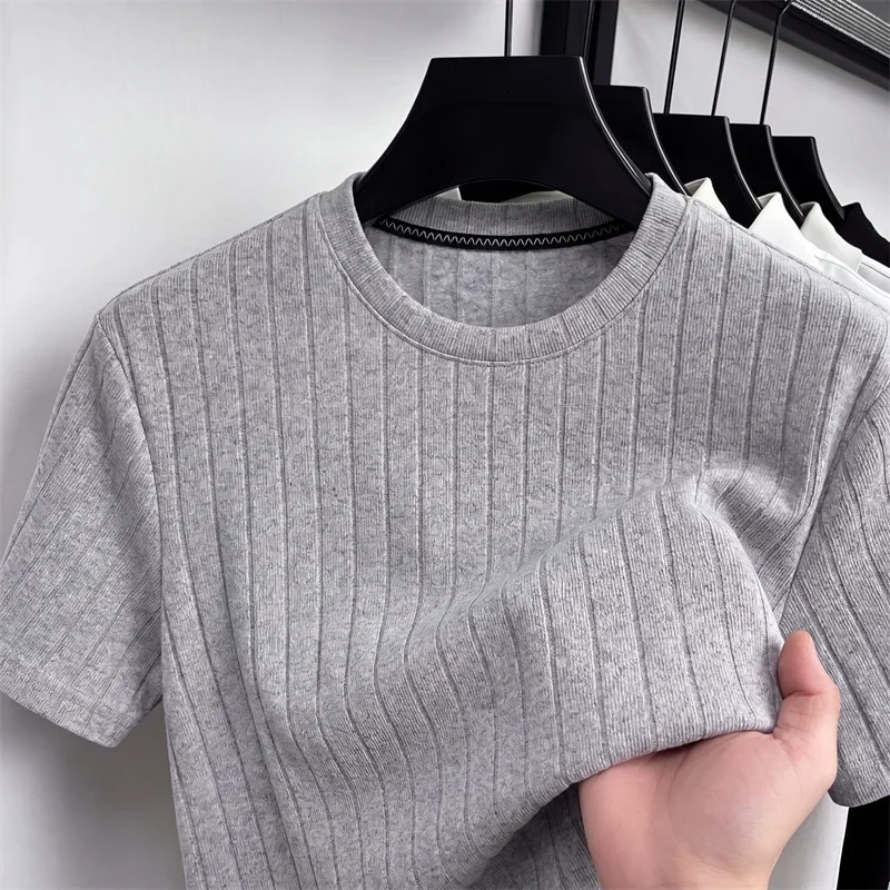 Se851617f91344a2fba27ca9b5b2575ed9.webp Men's Fashion Ribbed Knit T Shirt With Vertical Stripes Soft Elastic Fabric For Casual And Daily Use