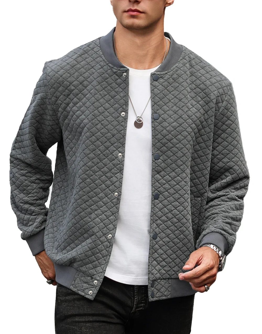 Sf0694968ef7f4e9cb30e03527a7d633e2.webp Men's Lightweight Casual Varsity Jacket Waffle Pattern Letterman Bomber Style - Streetwear Inspired Outerwear