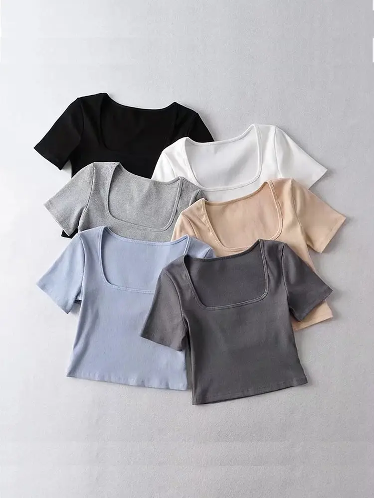 Sf46b5b45a4bf4379badea1b982be04751.webp Women Square Neck Rib Crop T-shirt Short Sleeve Crop Top