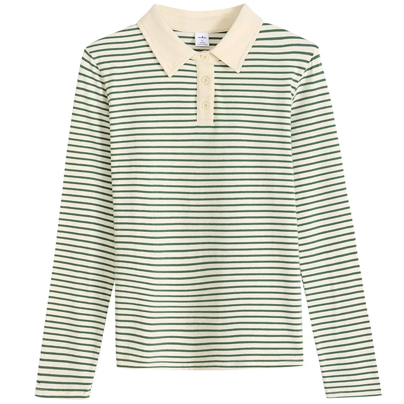 Sf7349518a5ee443c8241f48126cf08f7J.webp Korean Style Long Sleeve Polo Shirt Women Cotton Stretch Fashion Autumn Elegant Knitted Polo For Women Striped T-shirt