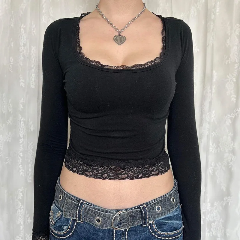 Sf8326182e015421ea979fcc0493b7417d.webp 2000s Graphic T Shirt Vintage Fairy Grunge Women Autumn Lace Trim Long Sleeve Slim Fits Tops y2k Clothes Basic Harajuku Tees