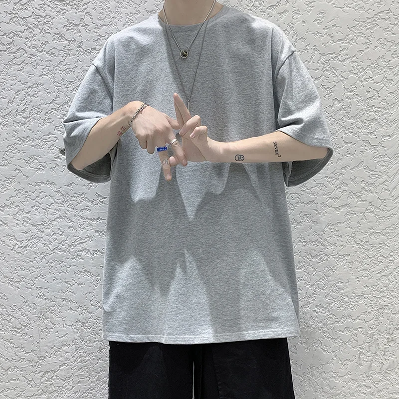 Sfd2b13cf4f734ffeafd406faa3f66e7b4.webp Oversized Summer Short Sleeve Men's T Shirt New Fashion Solid Loose O-Neck T Shirts Mens Cotton Hip Hop Streetwear Top Tees