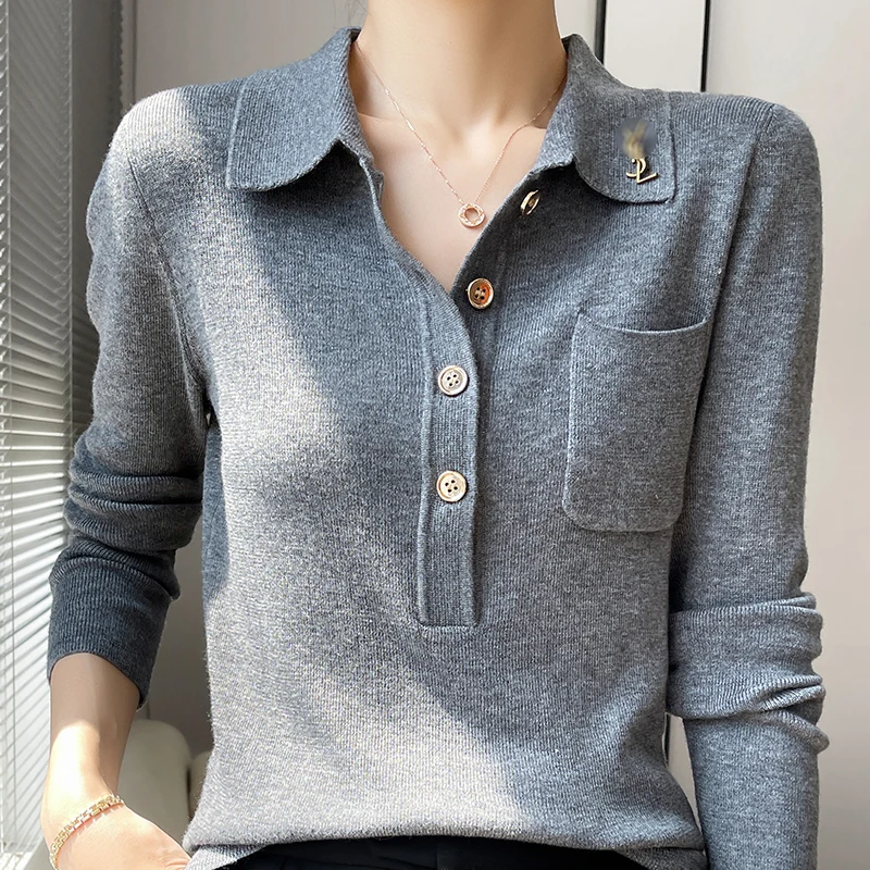 Sfddf784781994c55919ee2f58f3f6c6fF.webp Women 100% Pure Merino Wool Soft Sweater Polo Collar Pullover Autumn Winter Casual Knit Tops Solid Color Regular Female Knitwear
