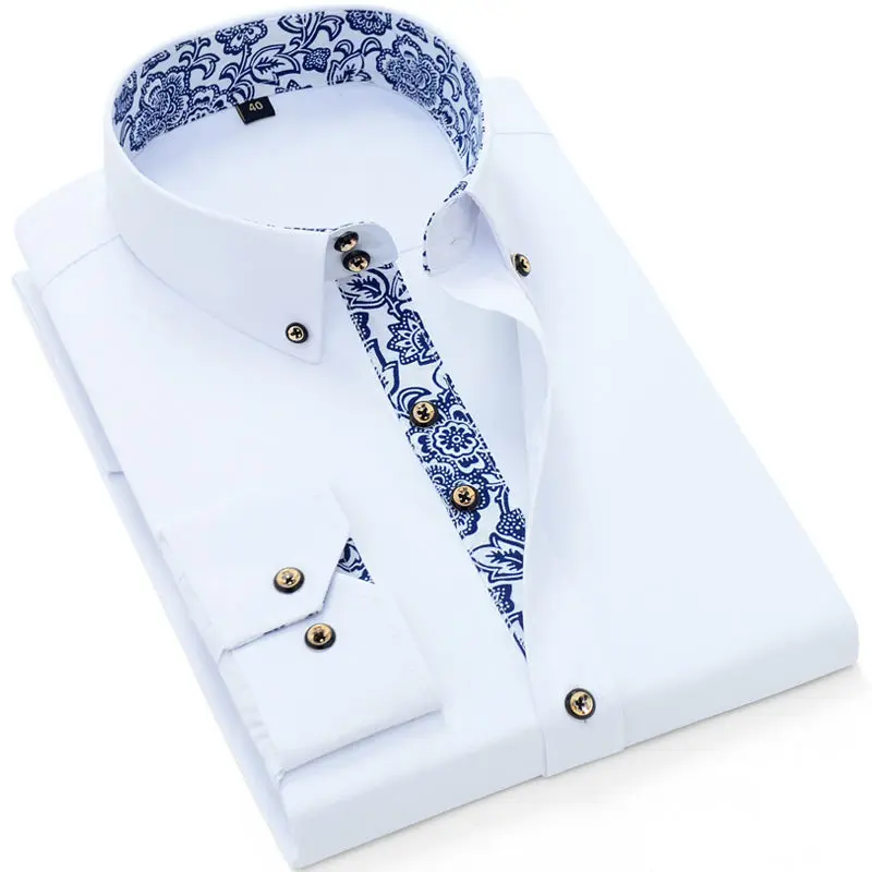 Sfe6d188677c8499cbdd2b21e523eb10bk.webp Blue-and-white Porcelain Collar Shirt Men Long Sleeve Korean SlimFit Casual Business Dress Shirts Solid Color White Shirt Cotton
